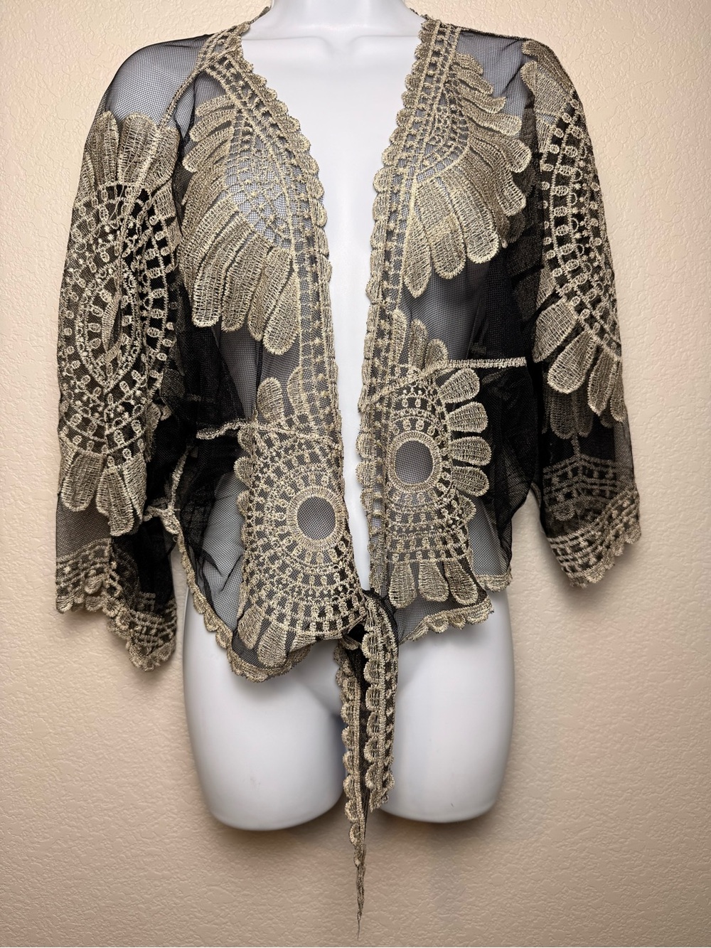 AMBER SKIES Black Sheer Crochet Lace Tie-Front Kimono with Gold Embroidery